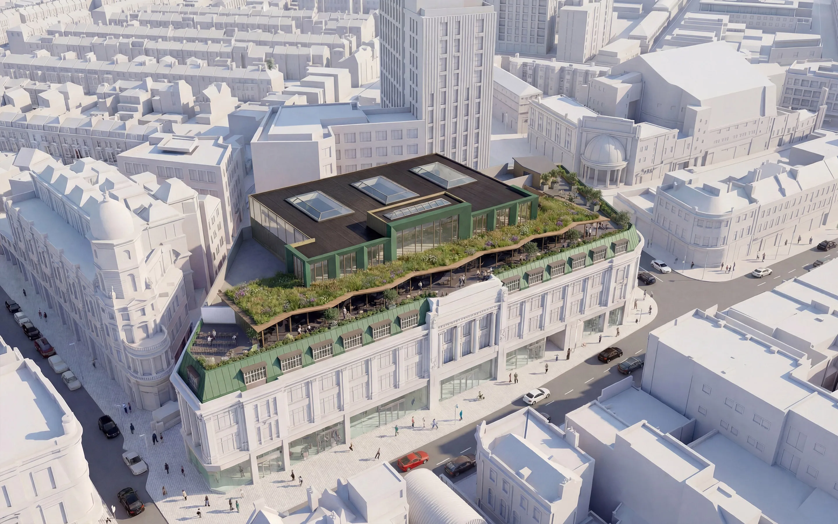 Rendered birds-eye view of the building