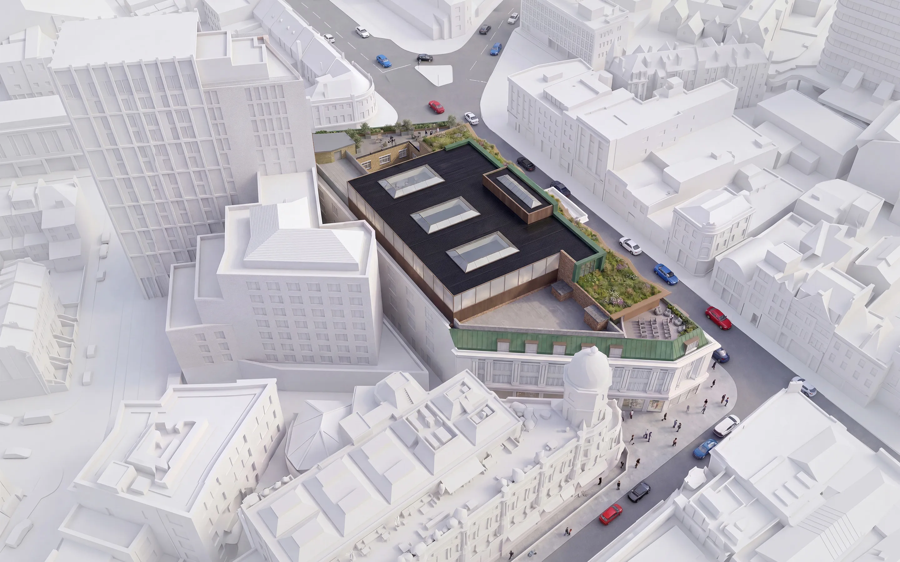 Rendered birds-eye view of the building