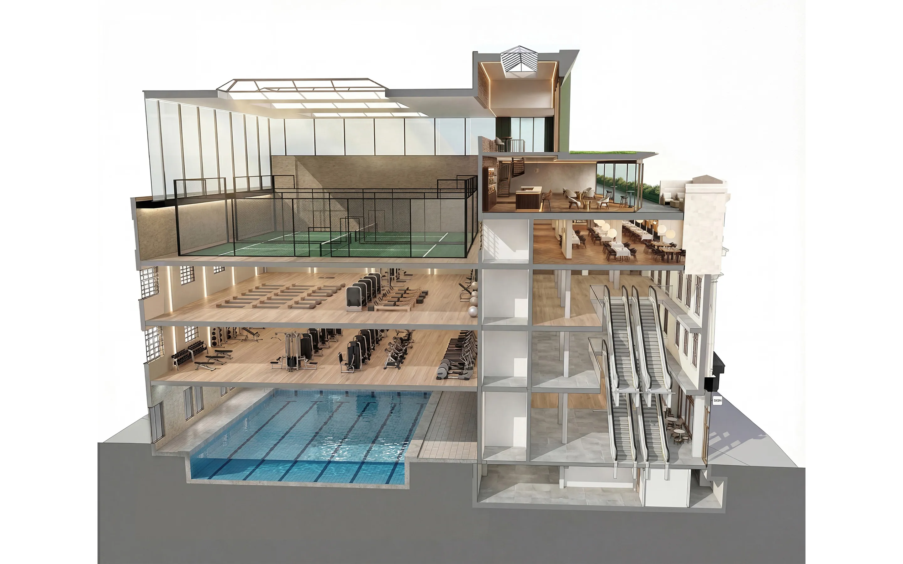 Rendered section view of the building